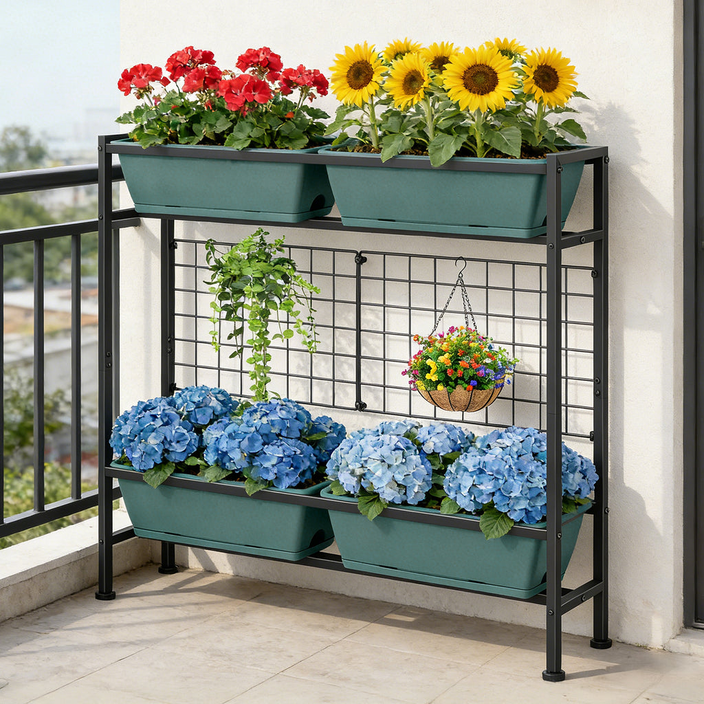 2-Tier Elevated Garden Planter with Trellis - Raised Flower Box with Climbing Plant Support, Gray,
