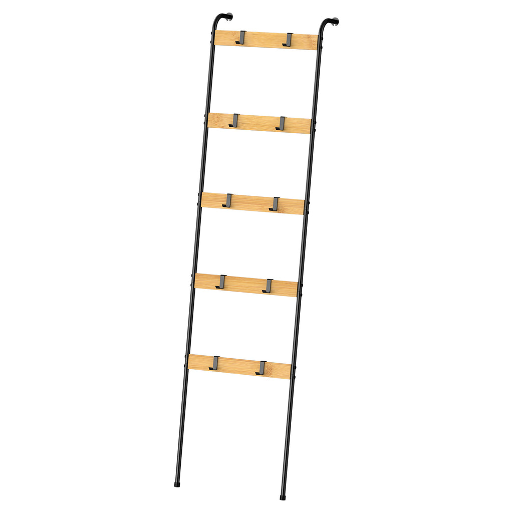 5-Tier Blanket Ladder with 10 Removable Hooks - Wall-Leaning Towel Rack & Scarf Organizer for Bedroom & Bathroom, Modern Home Decor Stand, Black