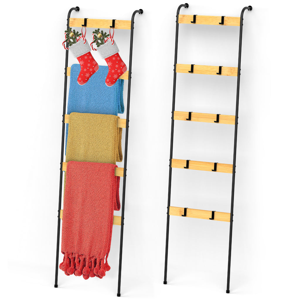 5-Tier Blanket Ladder with 10 Removable Hooks - Wall-Leaning Towel Rack & Scarf Organizer for Bedroom & Bathroom, Modern Home Decor Stand, Black