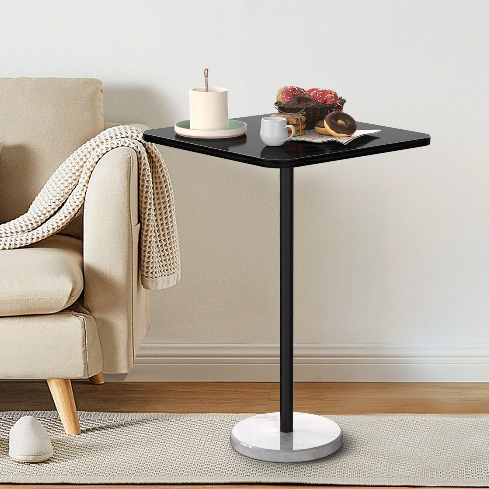 Small Modern Dining Table with Heavy Marble Base - Stylish 23" Square Coffee Table for Living Room, Office & Bistro, Black & White