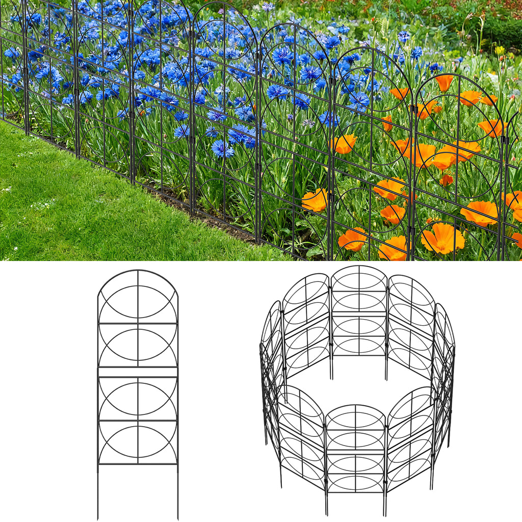 37.5"H Ornamental Garden Fence - 10-Pack Black Metal Wire Pet Barrier & Flower Bed Decorative Edging,