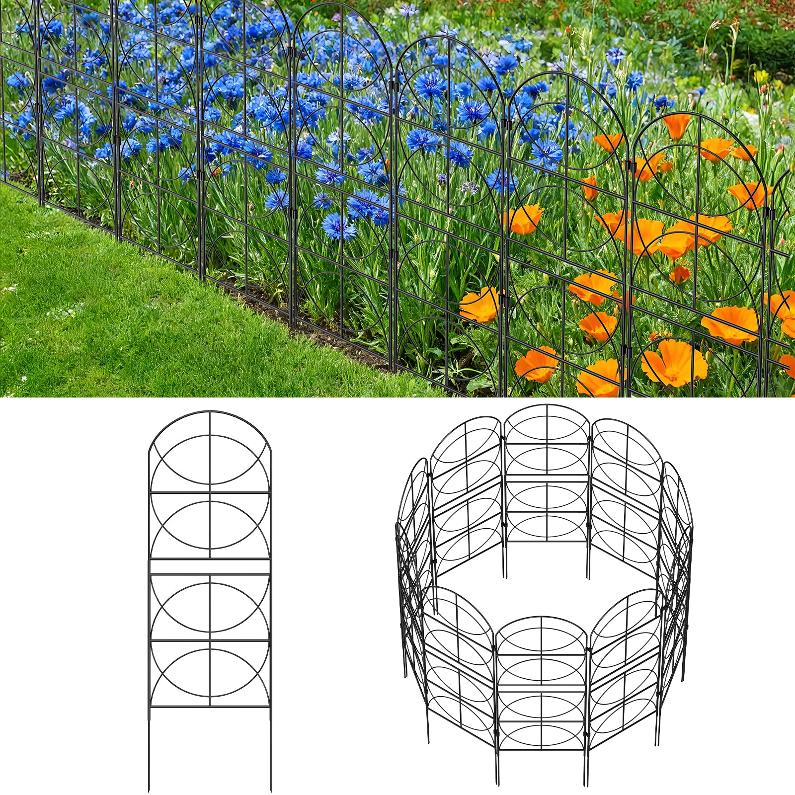 37.5"H Ornamental Garden Fence - 10-Pack Black Metal Wire Pet Barrier & Flower Bed Decorative Edging,