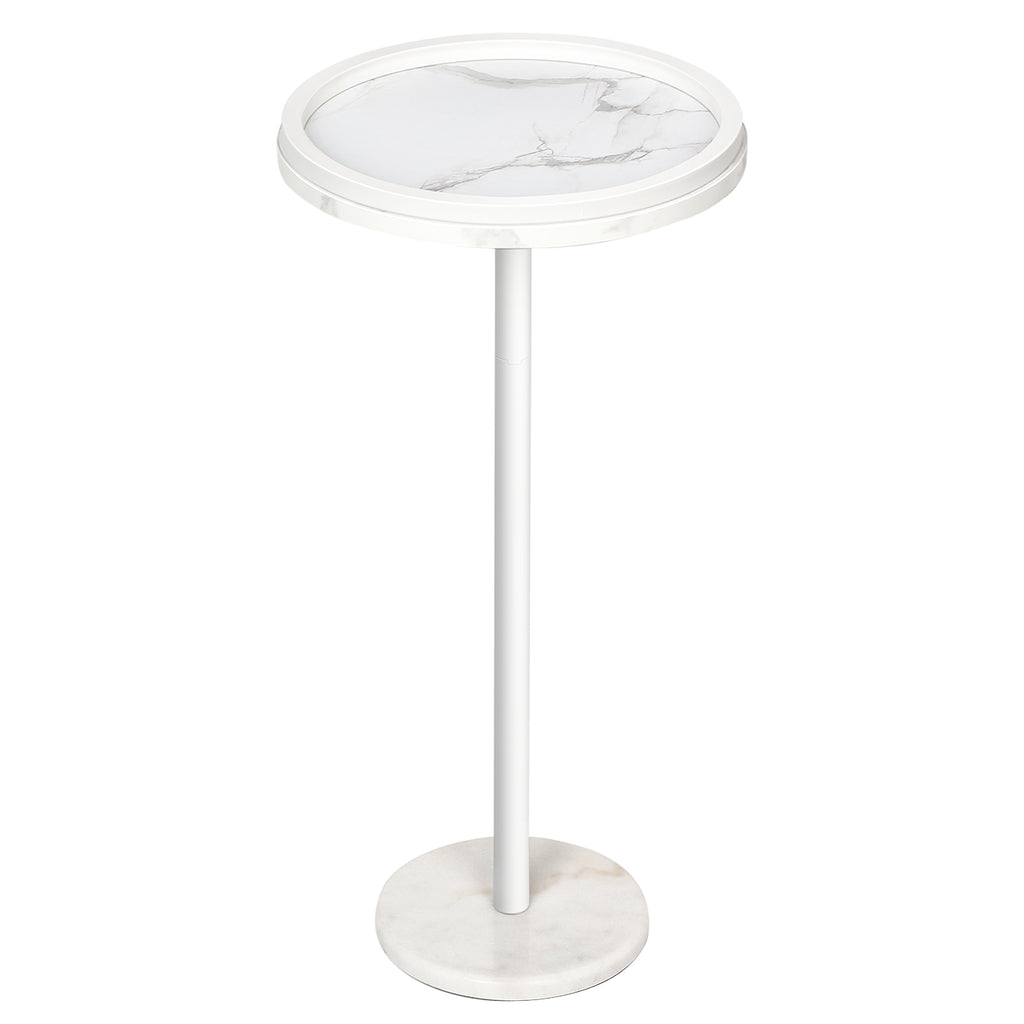Modern Round Drink Table with Faux Marble Base - Slim Pedestal Side Table for Small Spaces, White,