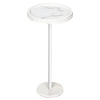 Modern Round Drink Table with Faux Marble Base - Slim Pedestal Side Table for Small Spaces, White,