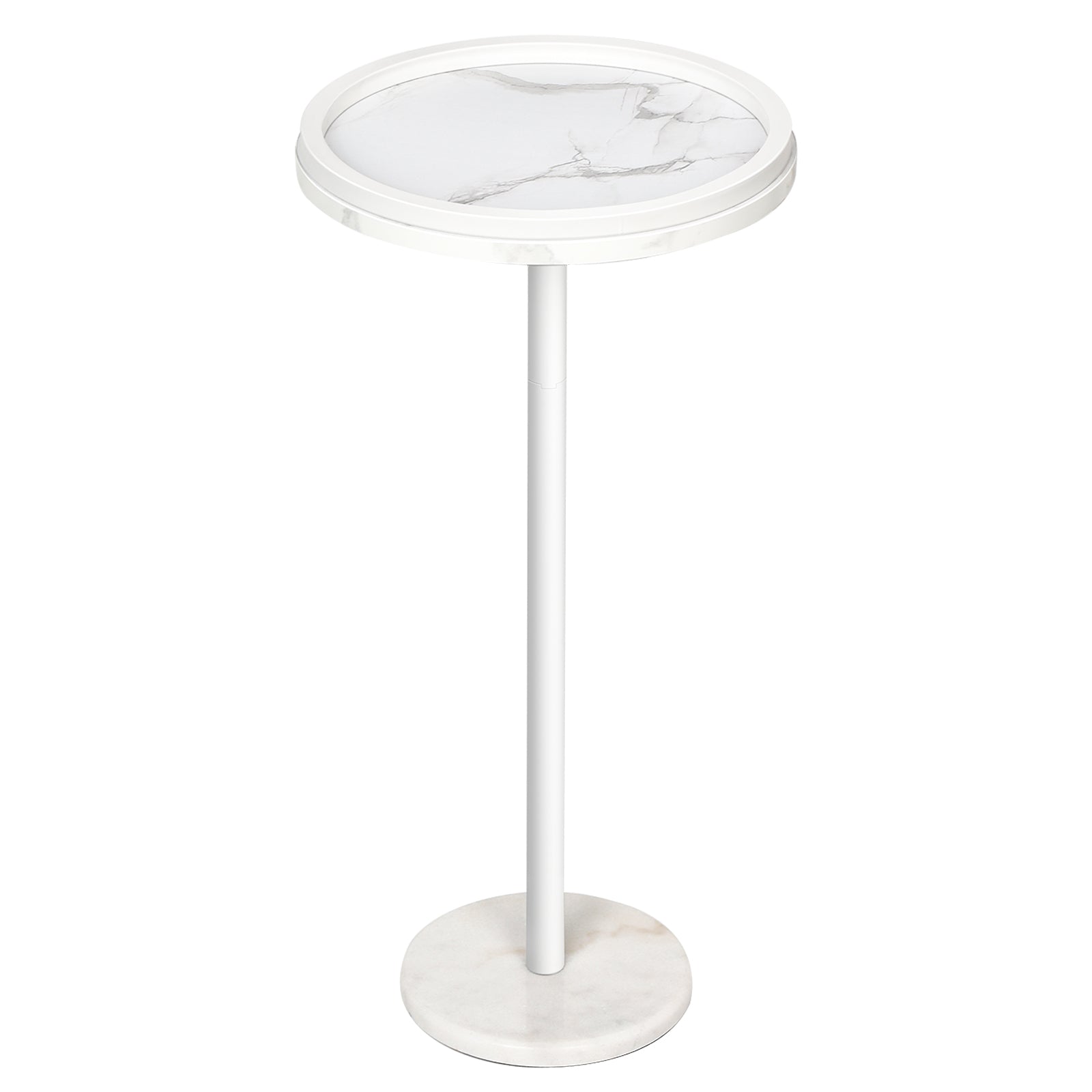Modern Round Drink Table with Faux Marble Base - Slim Pedestal Side Table for Small Spaces, White,