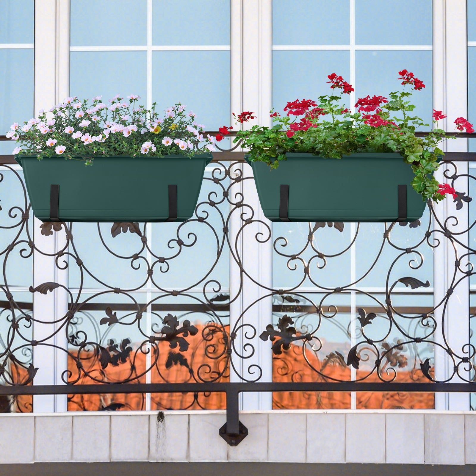 Railing Planter Box (16.9 Inch) - Green Hanging Window Flower Boxes with Adjustable Metal Brackets