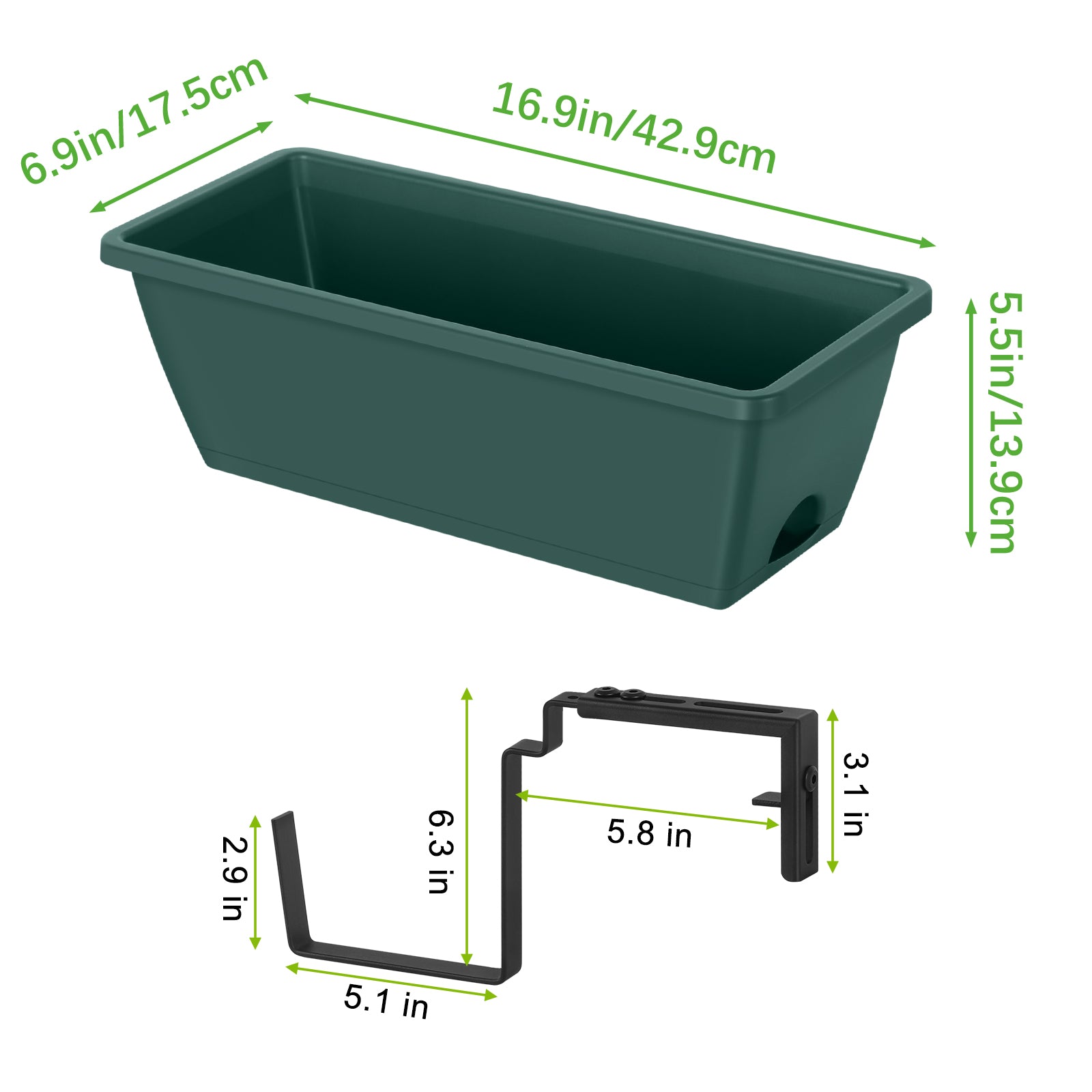 Railing Planter Box (16.9 Inch) - Green Hanging Window Flower Boxes with Adjustable Metal Brackets