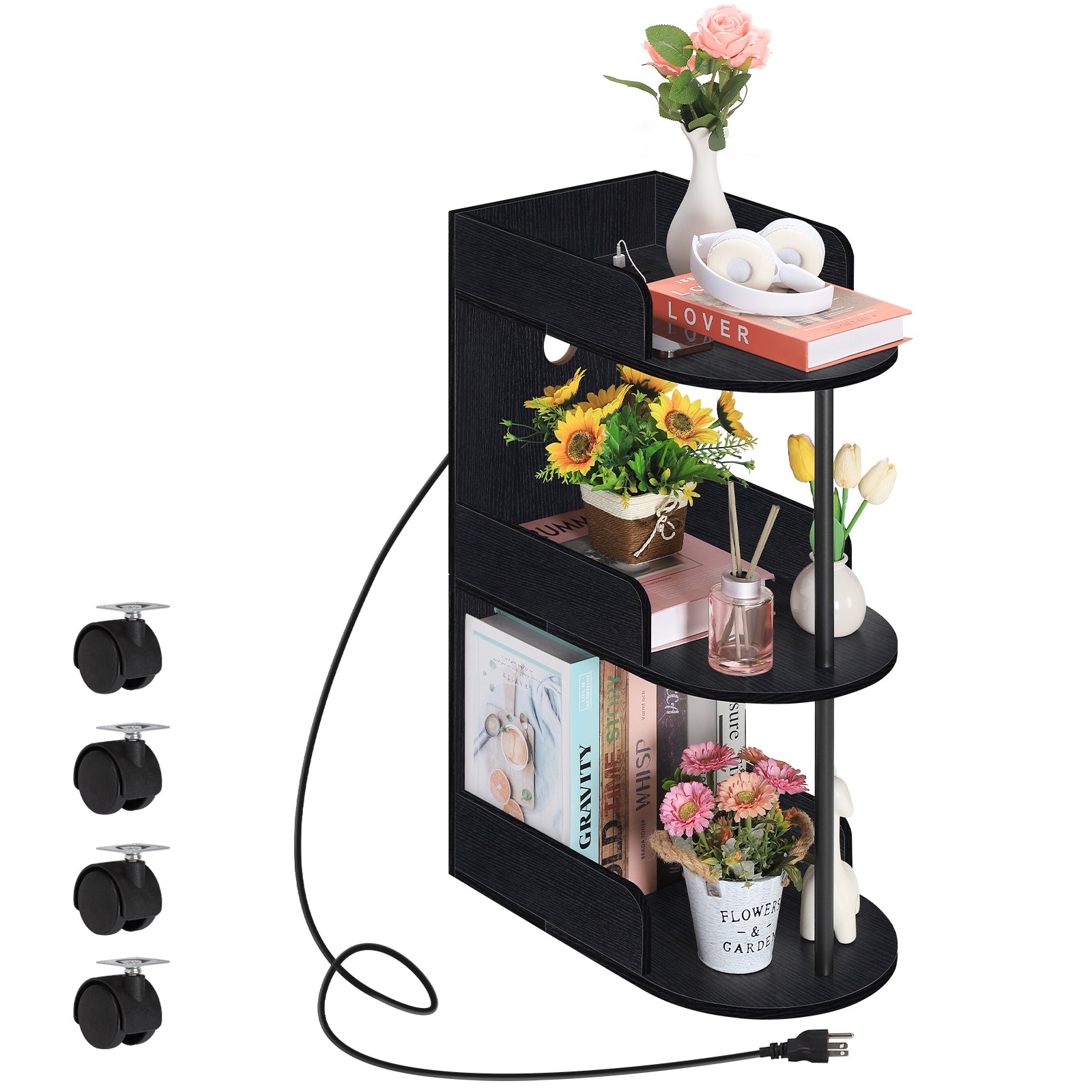 3-Tier Rolling C-Shaped End Table with Charging Station - Narrow Nightstand with USB Ports & Outlets,