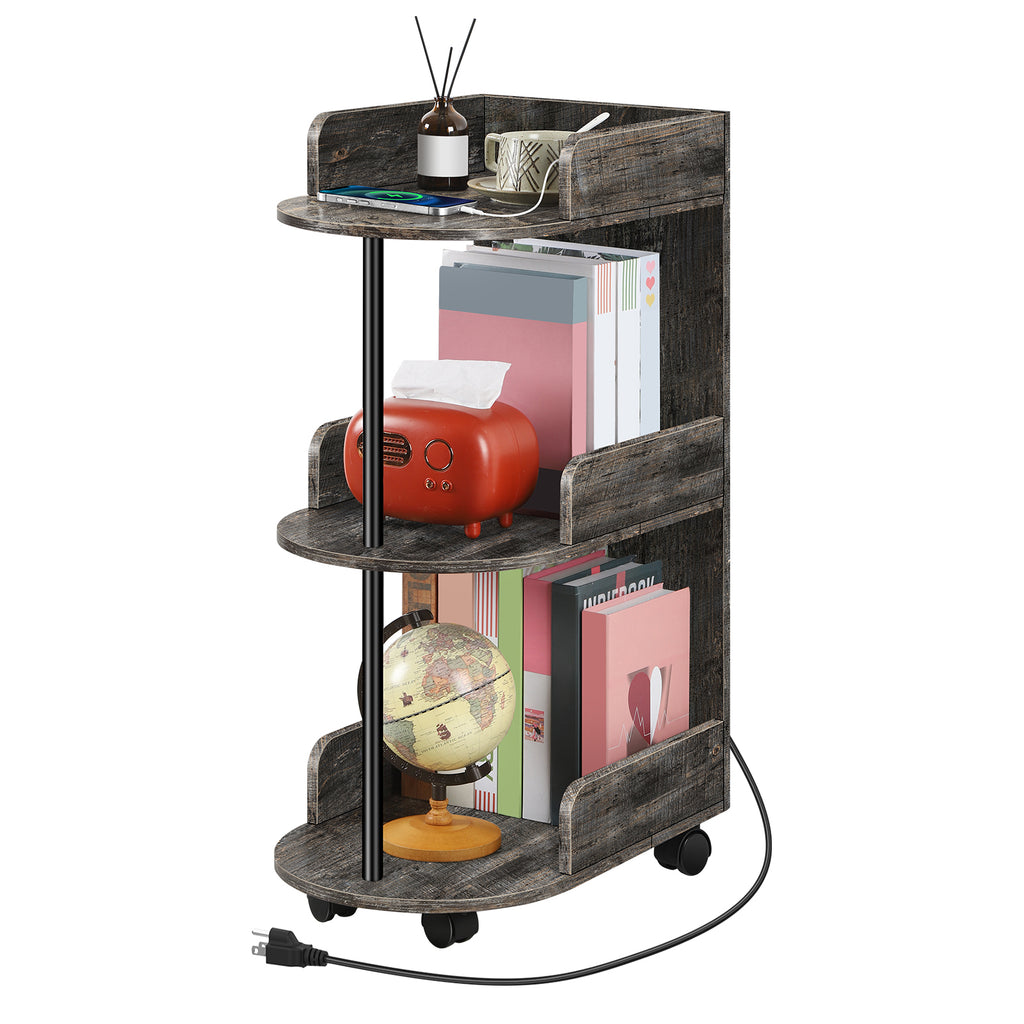 3-Tier Rolling C-Shaped End Table with Charging Station - Narrow Nightstand with USB Ports & Outlets,
