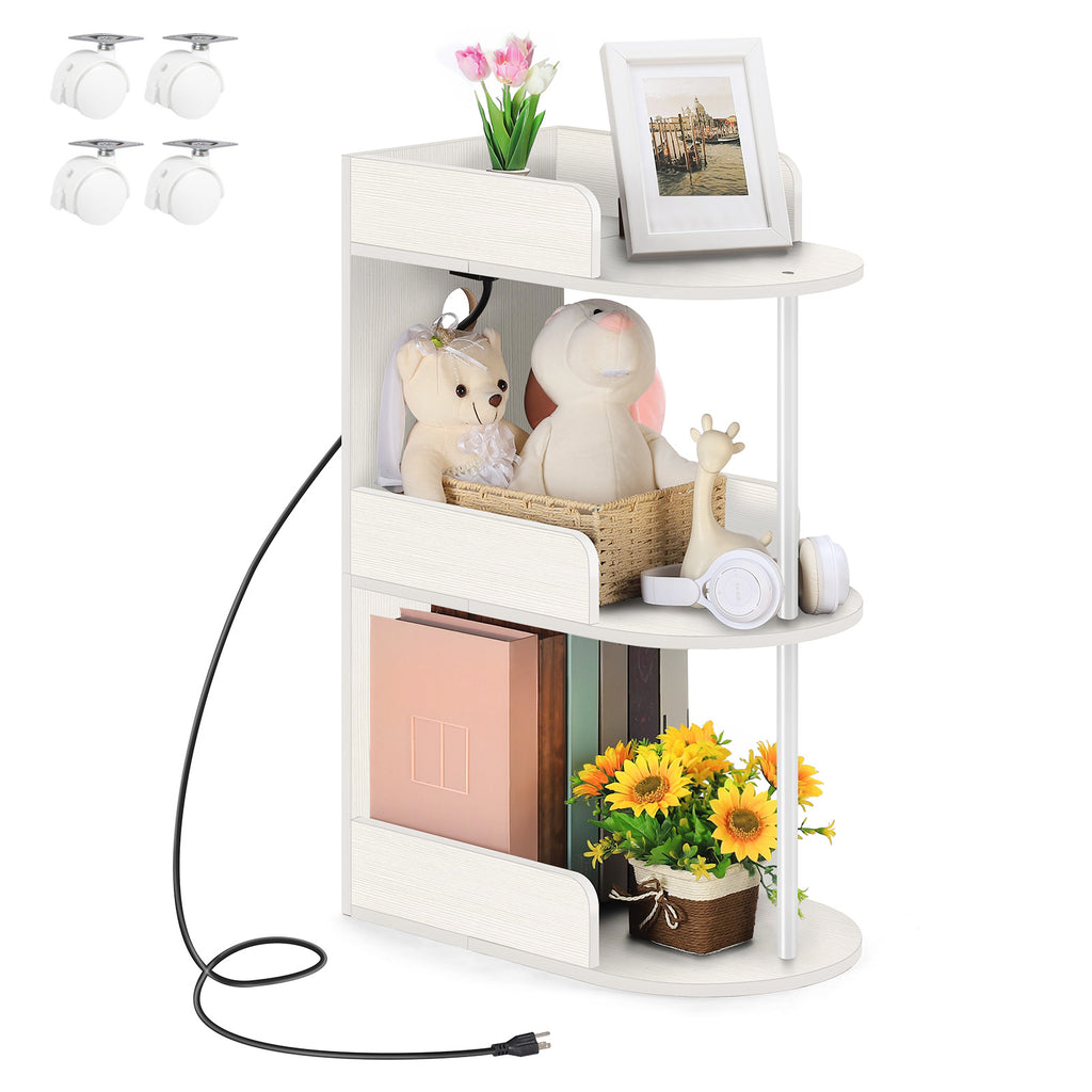 3-Tier Rolling C-Shaped End Table with Charging Station - Narrow Nightstand with USB Ports & Outlets,