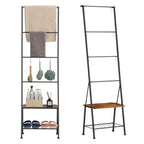 Farmhouse Blanket Ladder Rack with Storage Shelf - Decorative Throw Quilt Holder with Hooks, Rustic Brown