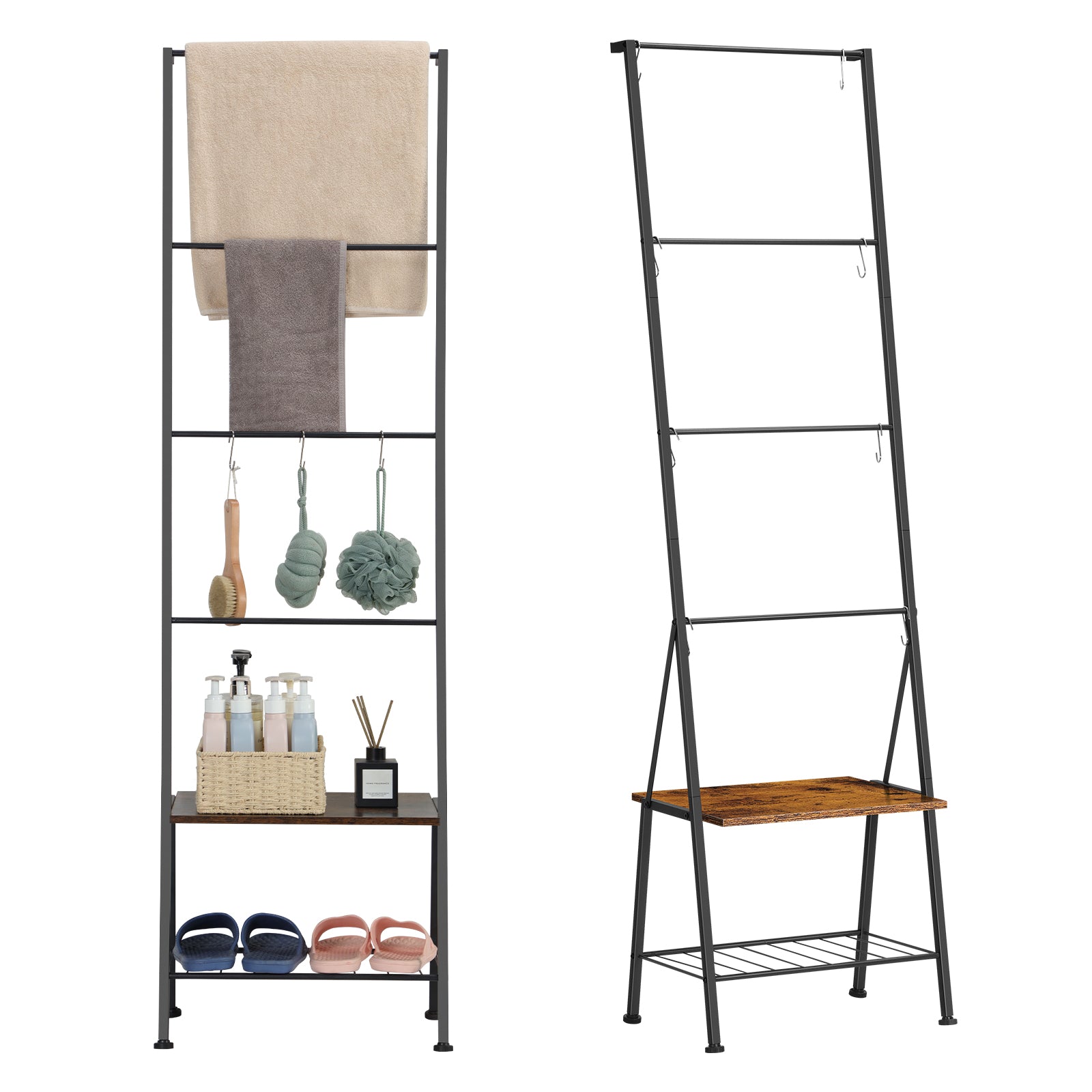 Farmhouse Blanket Ladder Rack with Storage Shelf - Decorative Throw Quilt Holder with Hooks, Rustic Brown