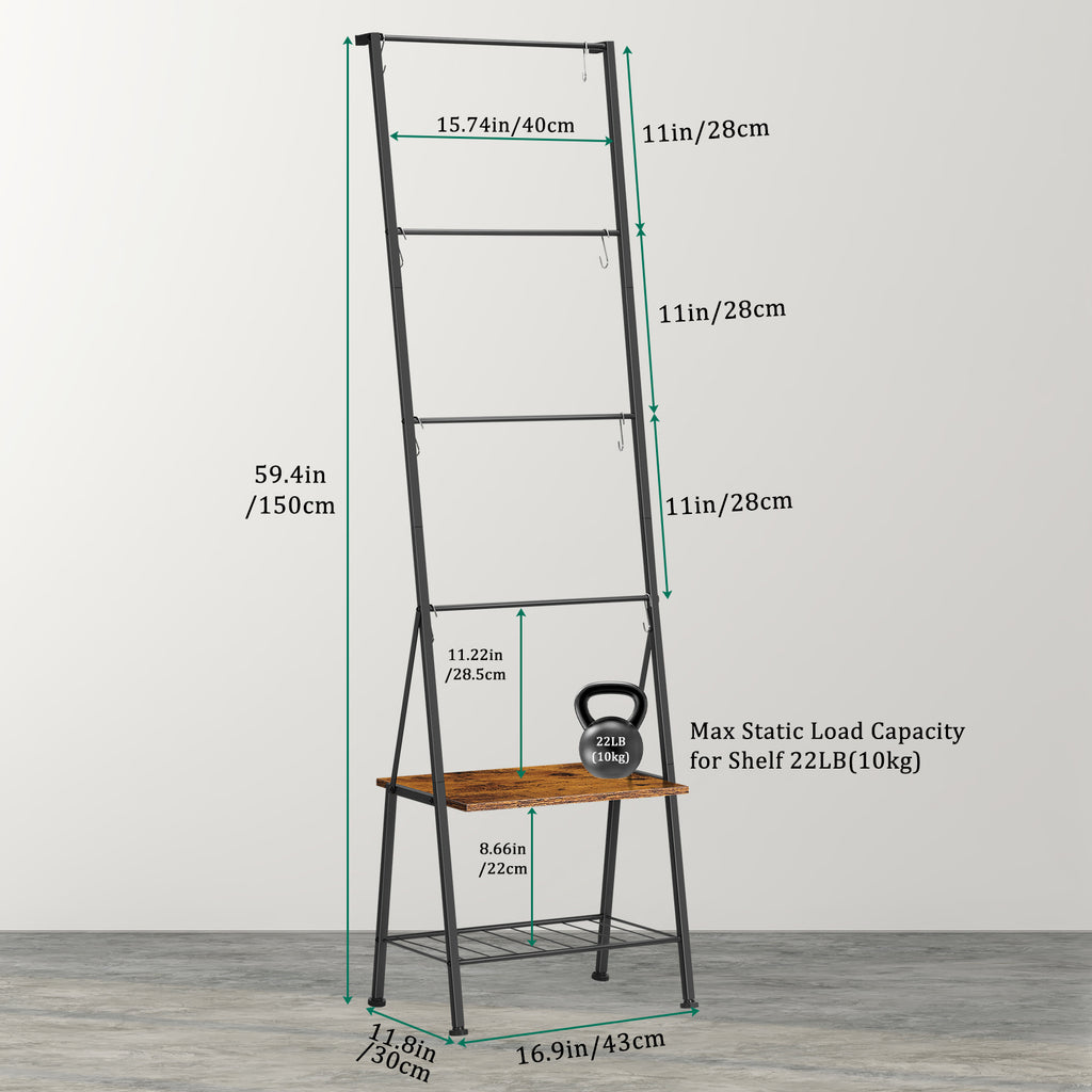 Farmhouse Blanket Ladder Rack with Storage Shelf - Decorative Throw Quilt Holder with Hooks, Rustic Brown