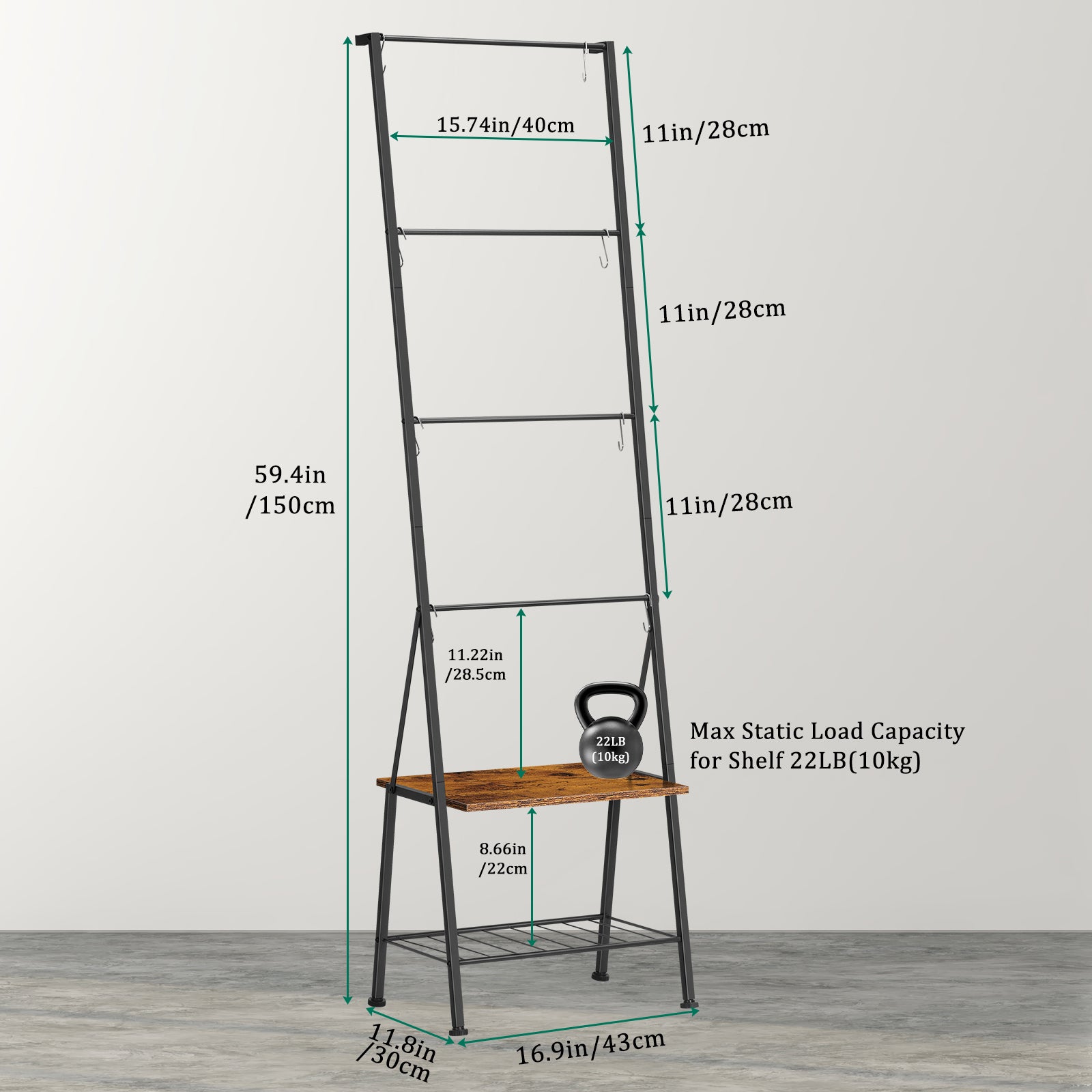 Farmhouse Blanket Ladder Rack with Storage Shelf - Decorative Throw Quilt Holder with Hooks, Rustic Brown