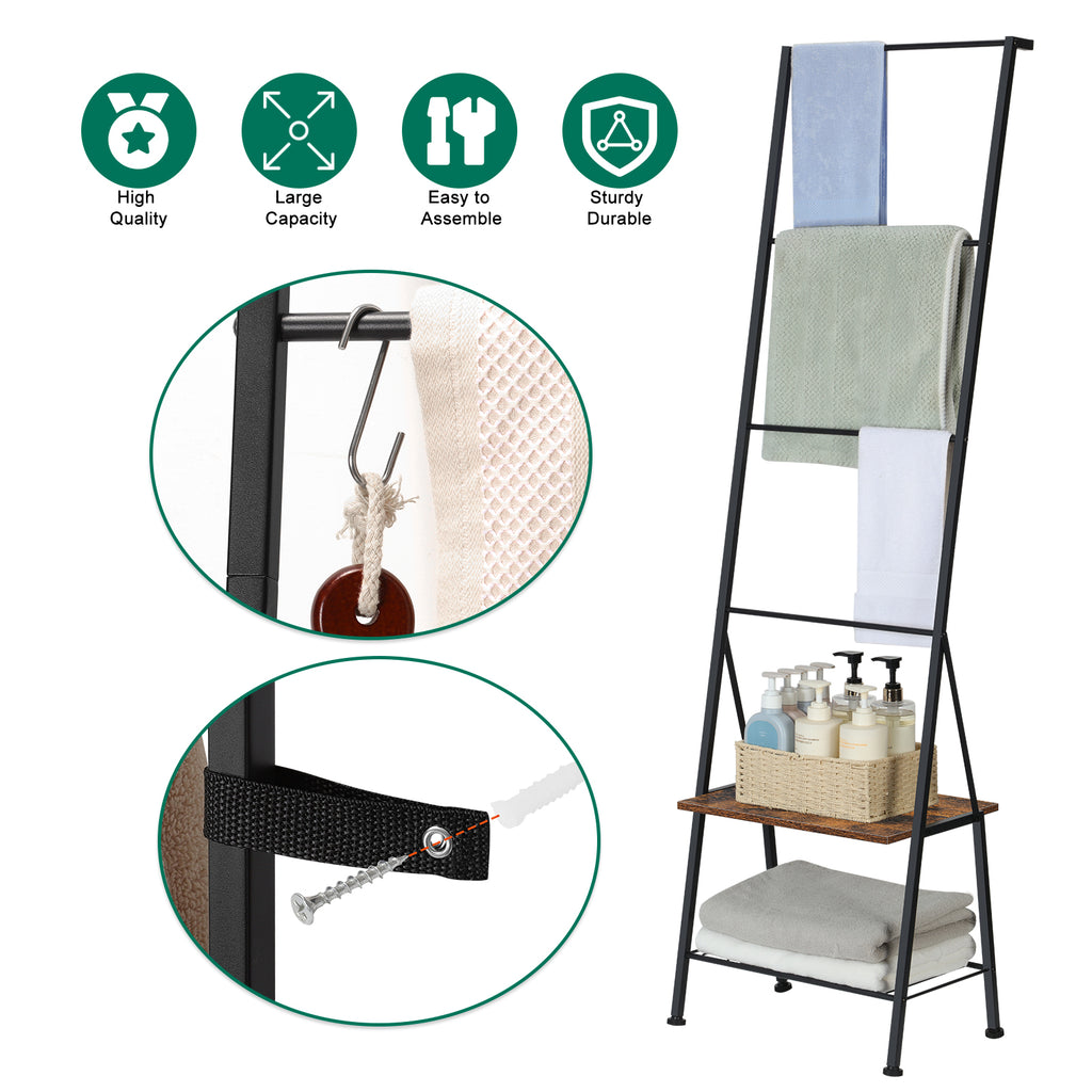 Farmhouse Blanket Ladder Rack with Storage Shelf - Decorative Throw Quilt Holder with Hooks, Rustic Brown