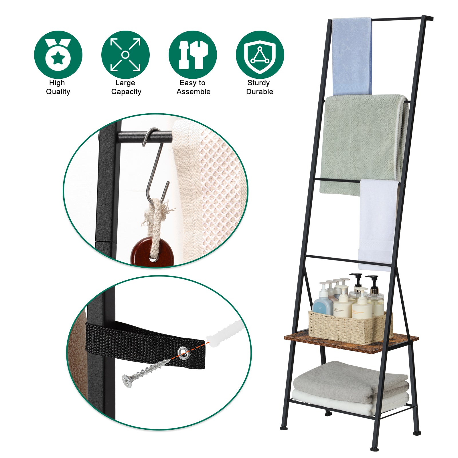 Farmhouse Blanket Ladder Rack with Storage Shelf - Decorative Throw Quilt Holder with Hooks, Rustic Brown