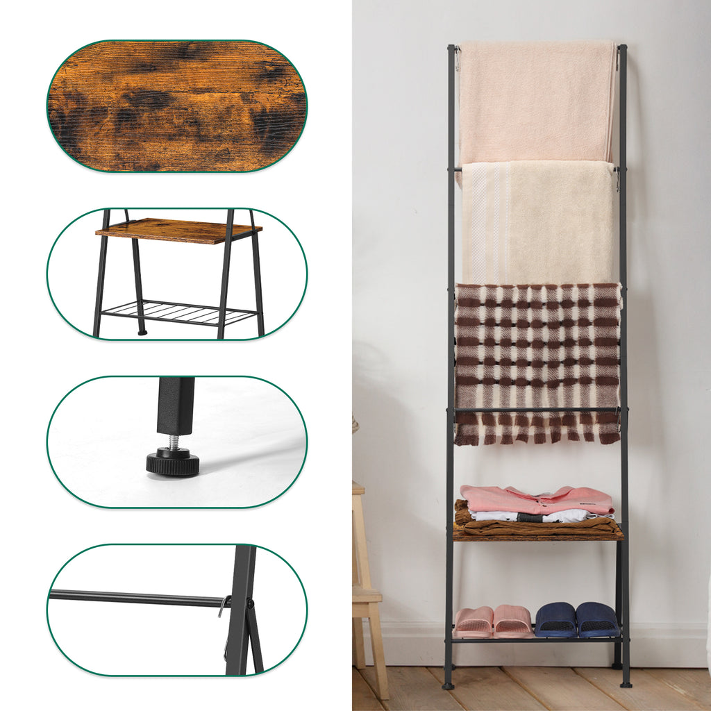 Farmhouse Blanket Ladder Rack with Storage Shelf - Decorative Throw Quilt Holder with Hooks, Rustic Brown