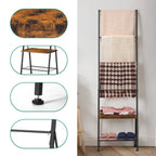 Farmhouse Blanket Ladder Rack with Storage Shelf - Decorative Throw Quilt Holder with Hooks, Rustic Brown