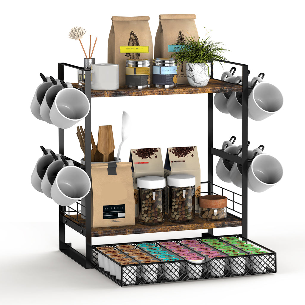 3-Tier Coffee Station Organizer - Countertop Mug Holder with 12 Hooks & 28 Pod Storage Drawer,