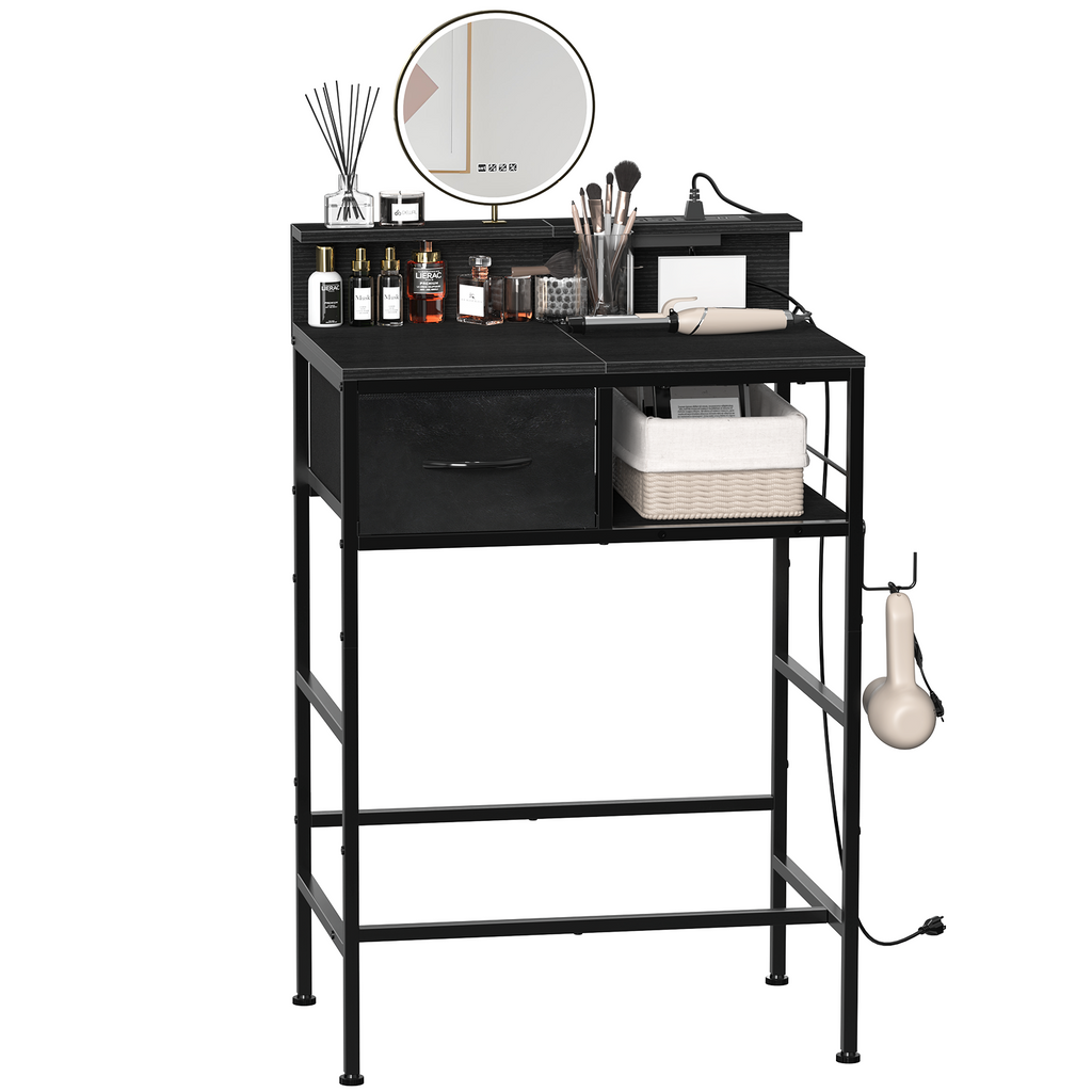 24" Small Makeup Vanity Desk - Compact Dressing Table with Power Outlets & Storage Drawer, Black,