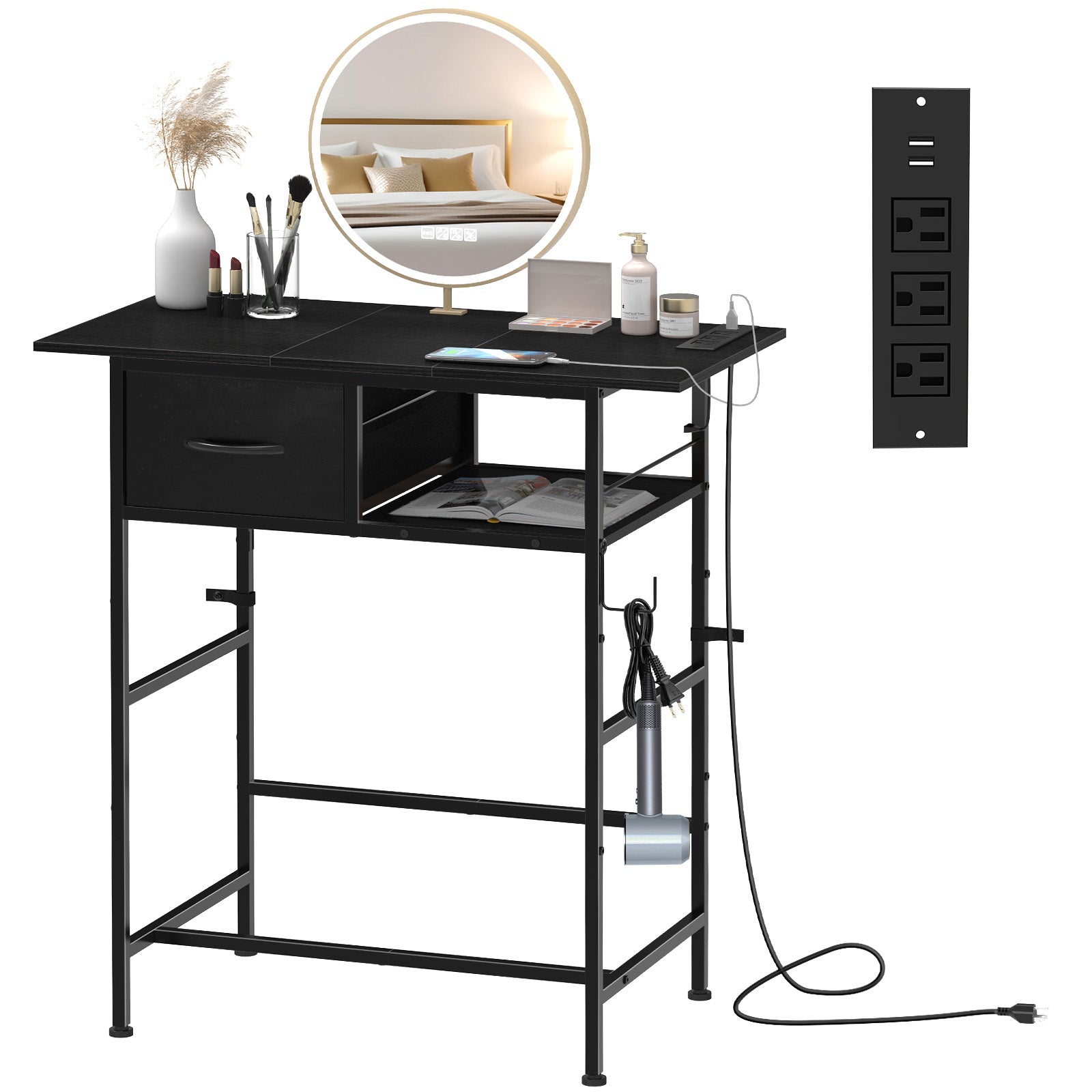 31" Modern Makeup Vanity Table - Small Writing Desk with Built-in Charging Station & Drawer, Black,
