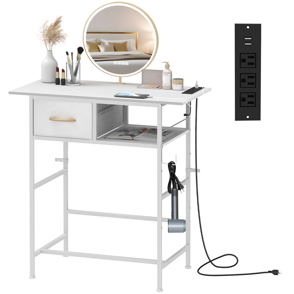 31" Modern Makeup Vanity Table - Small Writing Desk with Built-in Charging Station & Drawer, Black,