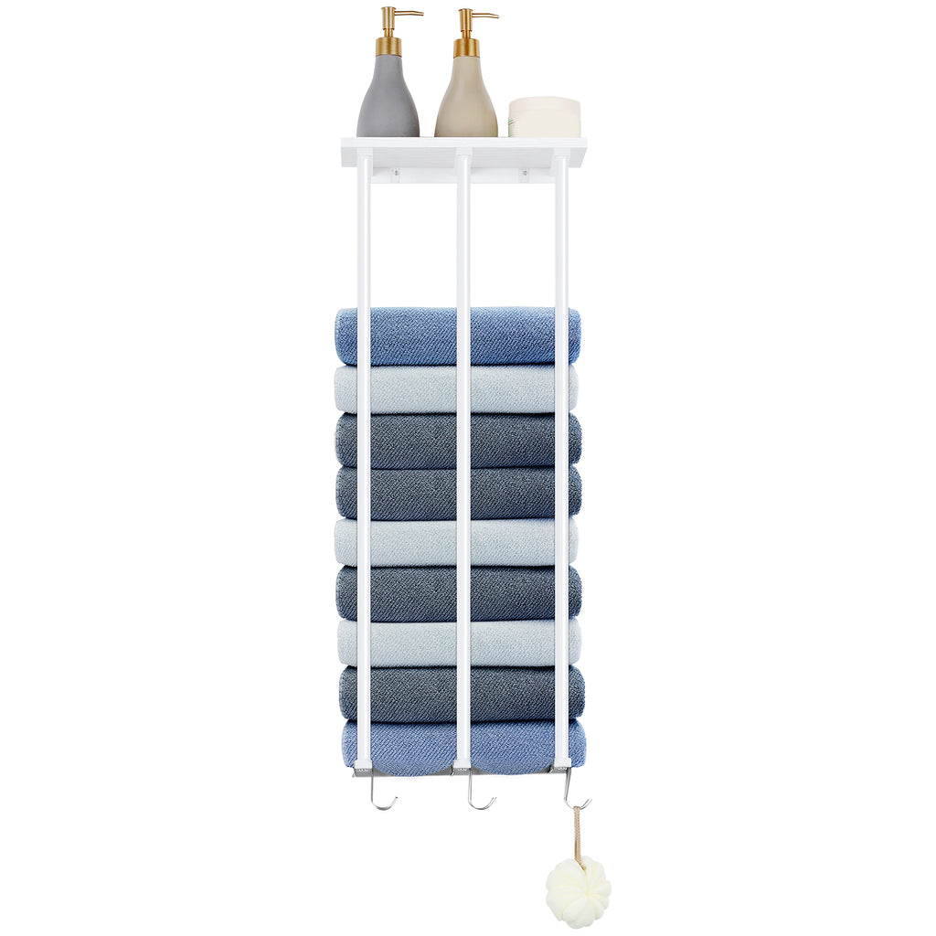 Wall Mounted Towel Rack with Wood Shelf & 6 Hooks, Metal Bathroom Organizer for Large Rolled Towels, Black,