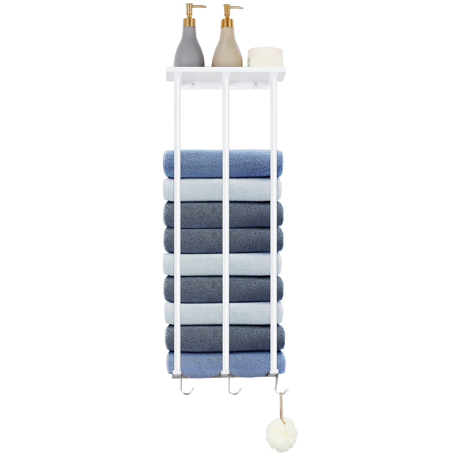 Wall Mounted Towel Rack with Wood Shelf & 6 Hooks, Metal Bathroom Organizer for Large Rolled Towels, Black,