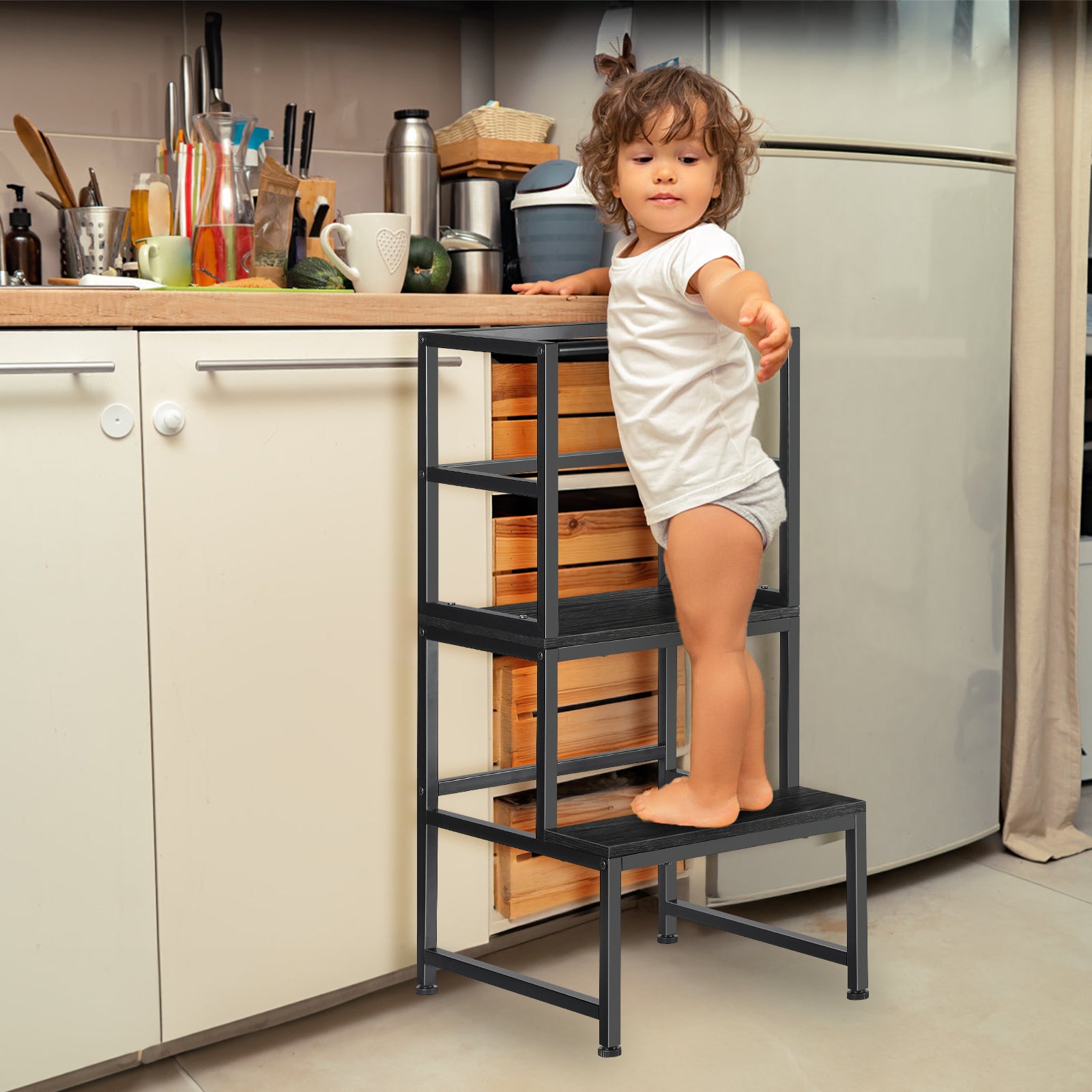 Kids' Kitchen Step Stool Helper - Adjustable Standing Tower with Safety Rail for Toddlers, Black,