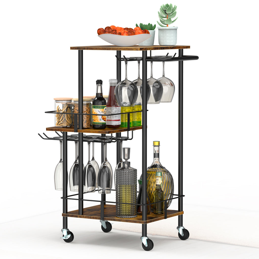 3-Tier Industrial Bar Cart - Mobile Wine Serving Trolley with Glass Holder & Bottle Storage,