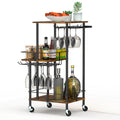 3-Tier Industrial Bar Cart - Mobile Wine Serving Trolley with Glass Holder & Bottle Storage,