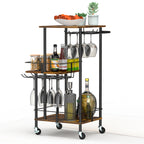 3-Tier Industrial Bar Cart - Mobile Wine Serving Trolley with Glass Holder & Bottle Storage,