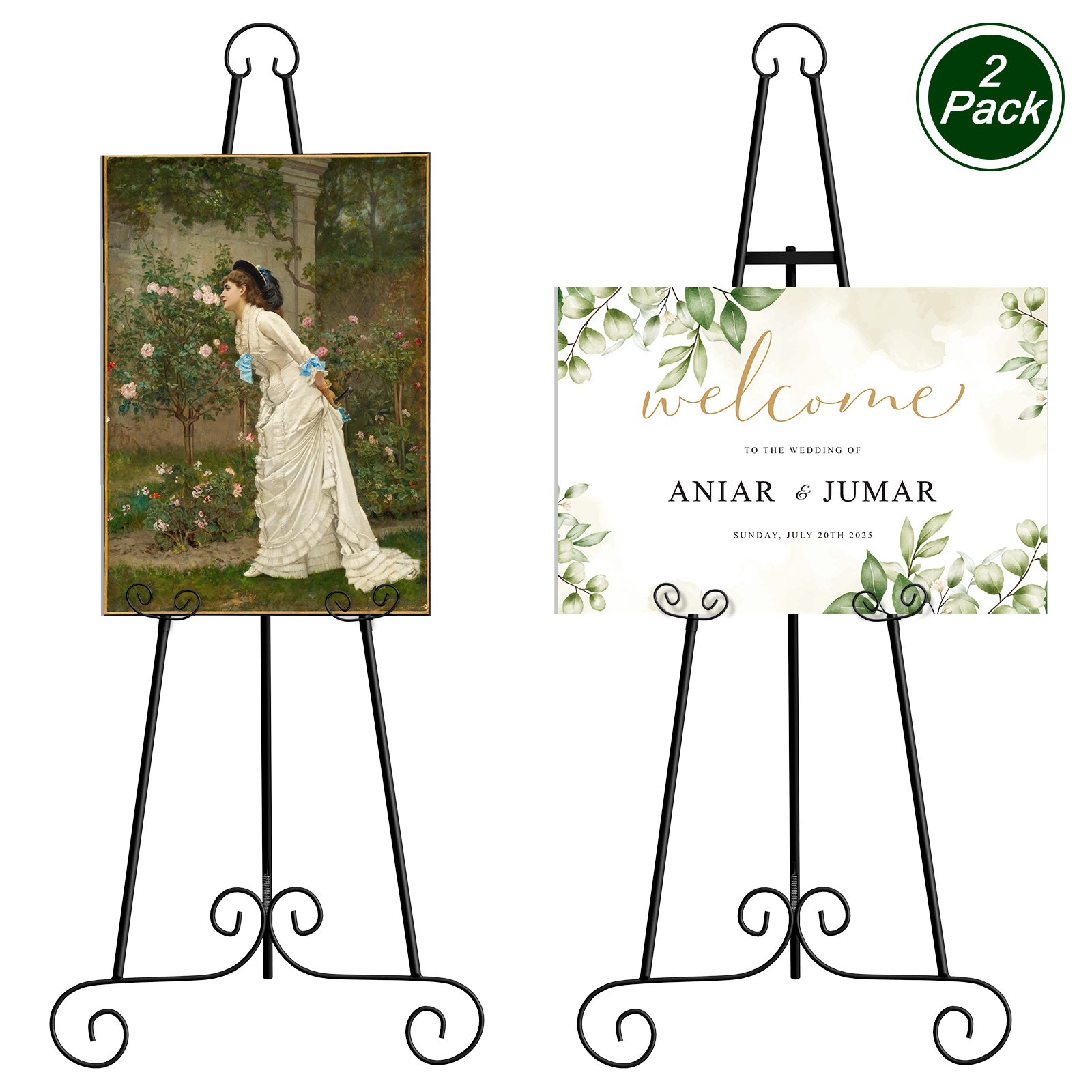 46inches H Vintage Metal Scroll Display Easel - Adjustable Floor Standing Art & Sign Holder