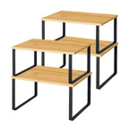 4 Pack Stackable Bamboo Cabinet Organizer Shelves, White Metal Frame Extendable Kitchen Counter & Pantry Spice Racks