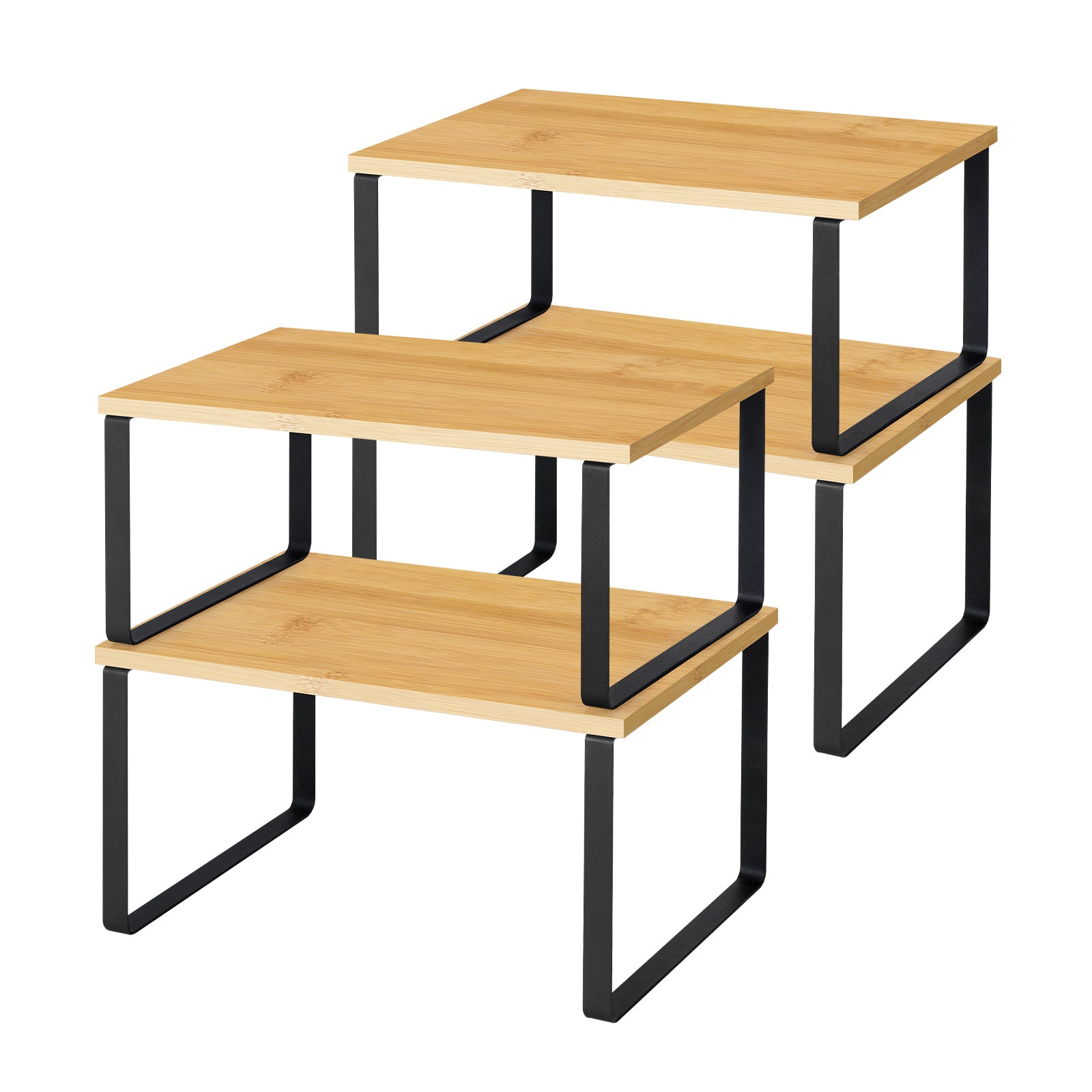 4 Pack Stackable Bamboo Cabinet Organizer Shelves, White Metal Frame Extendable Kitchen Counter & Pantry Spice Racks