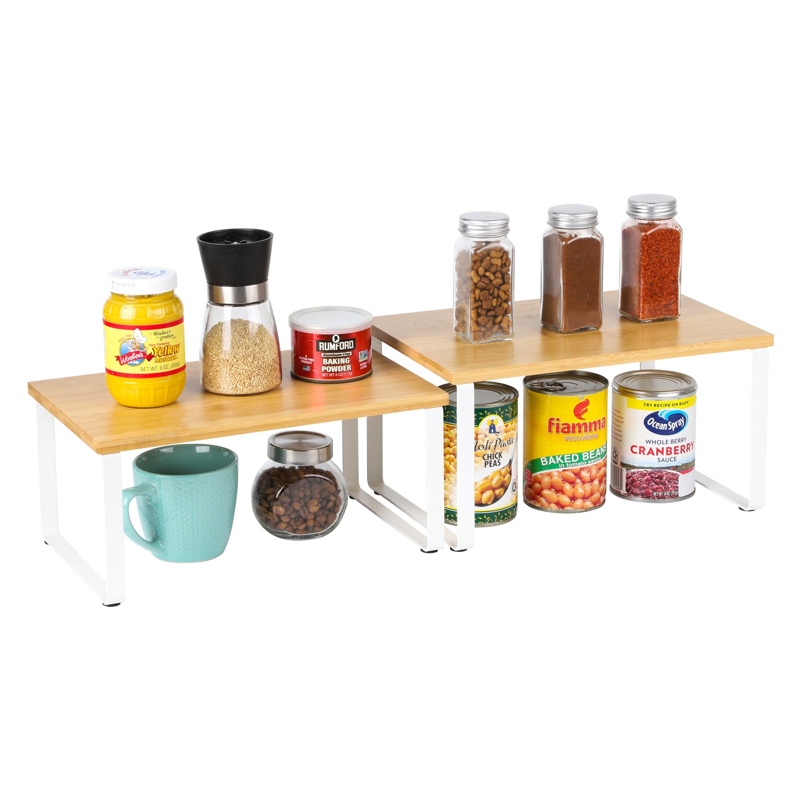 4 Pack Stackable Bamboo Cabinet Organizer Shelves, White Metal Frame Extendable Kitchen Counter & Pantry Spice Racks