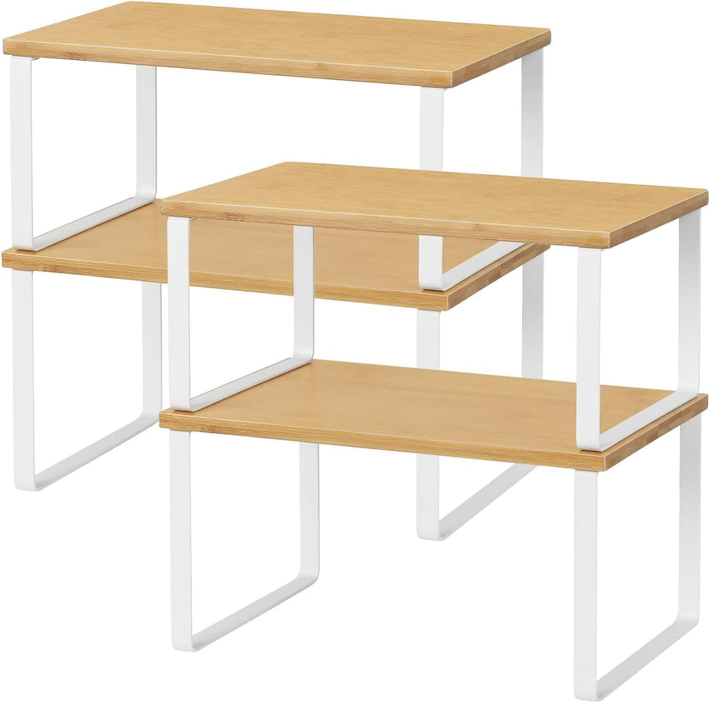 4 Pack Stackable Bamboo Cabinet Organizer Shelves, White Metal Frame Extendable Kitchen Counter & Pantry Spice Racks