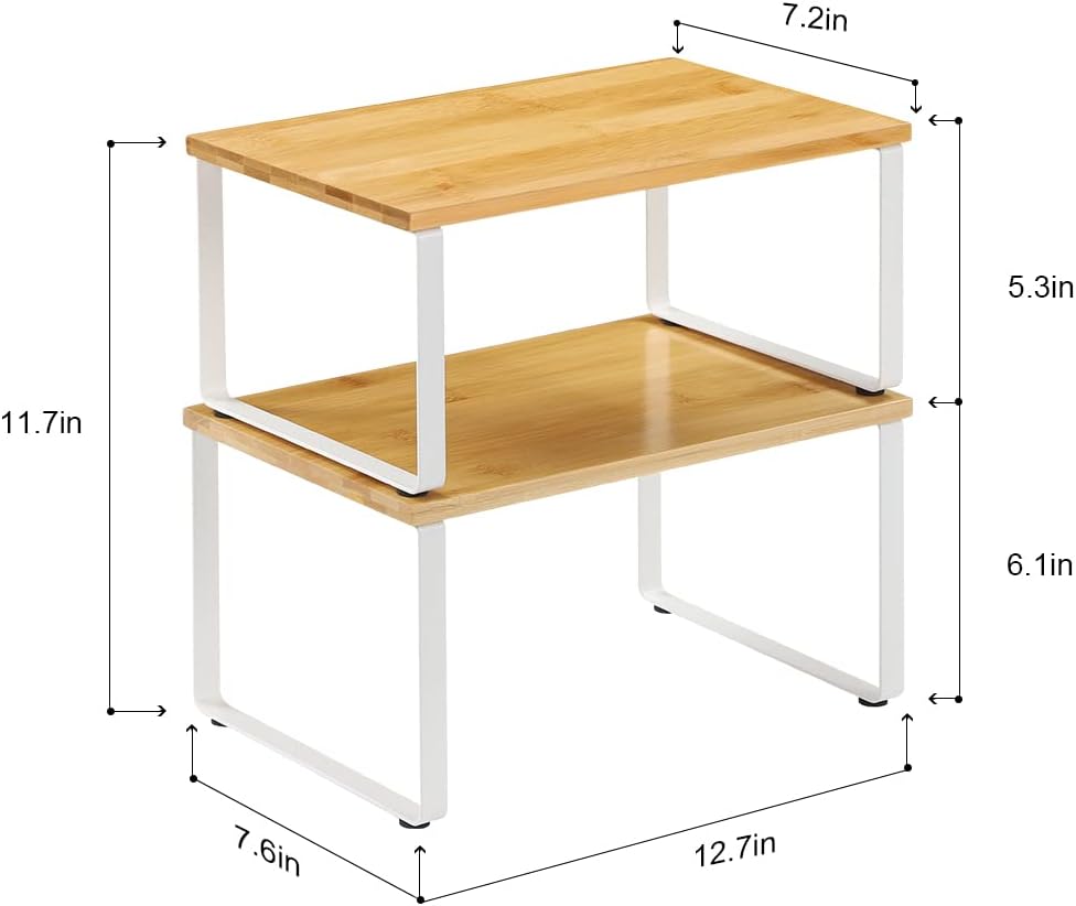 4 Pack Stackable Bamboo Cabinet Organizer Shelves, White Metal Frame Extendable Kitchen Counter & Pantry Spice Racks