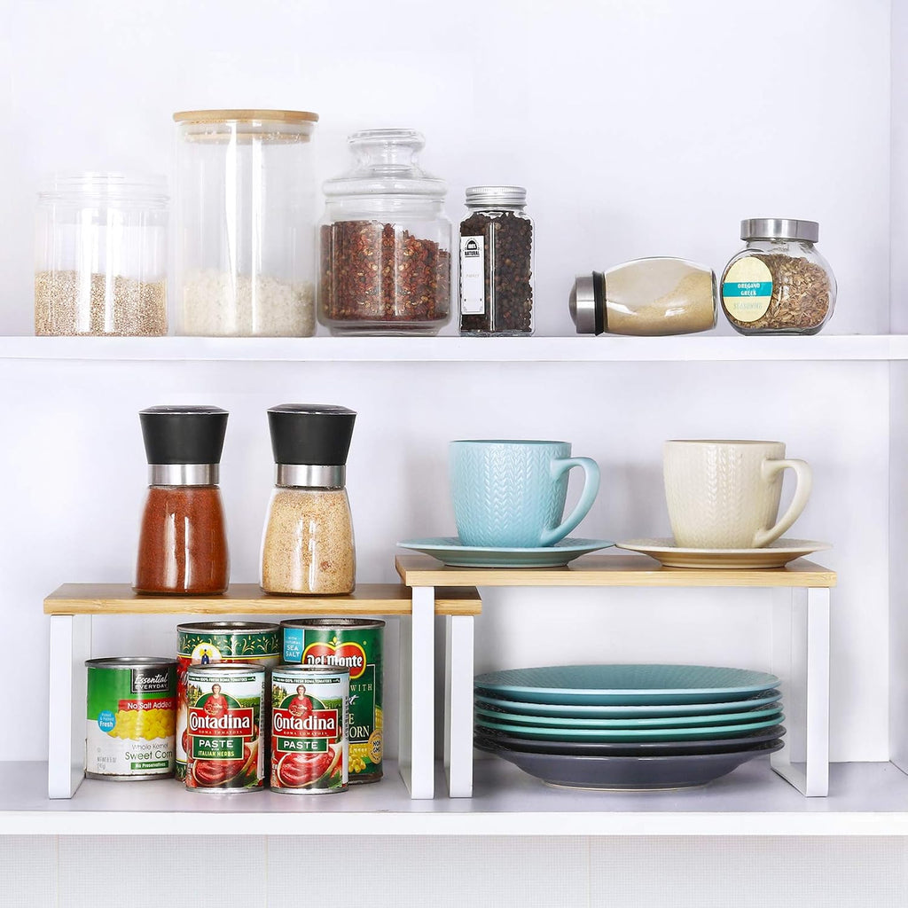 4 Pack Stackable Bamboo Cabinet Organizer Shelves, White Metal Frame Extendable Kitchen Counter & Pantry Spice Racks