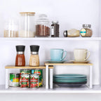 4 Pack Stackable Bamboo Cabinet Organizer Shelves, White Metal Frame Extendable Kitchen Counter & Pantry Spice Racks