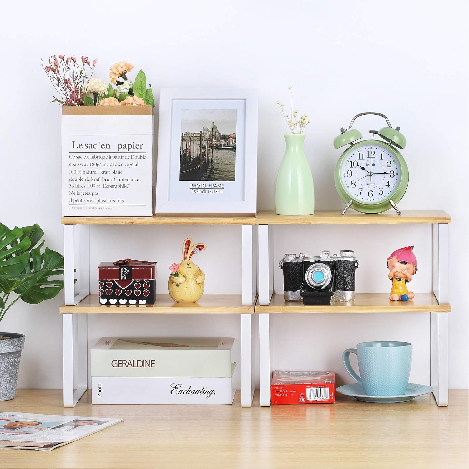 4 Pack Stackable Bamboo Cabinet Organizer Shelves, White Metal Frame Extendable Kitchen Counter & Pantry Spice Racks