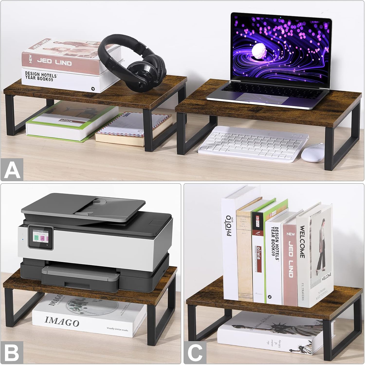 2 Pack Wood Vintage Monitor Stand Riser - Ergonomic Desktop Storage Organizer for PC, Laptop, Printer, Brown