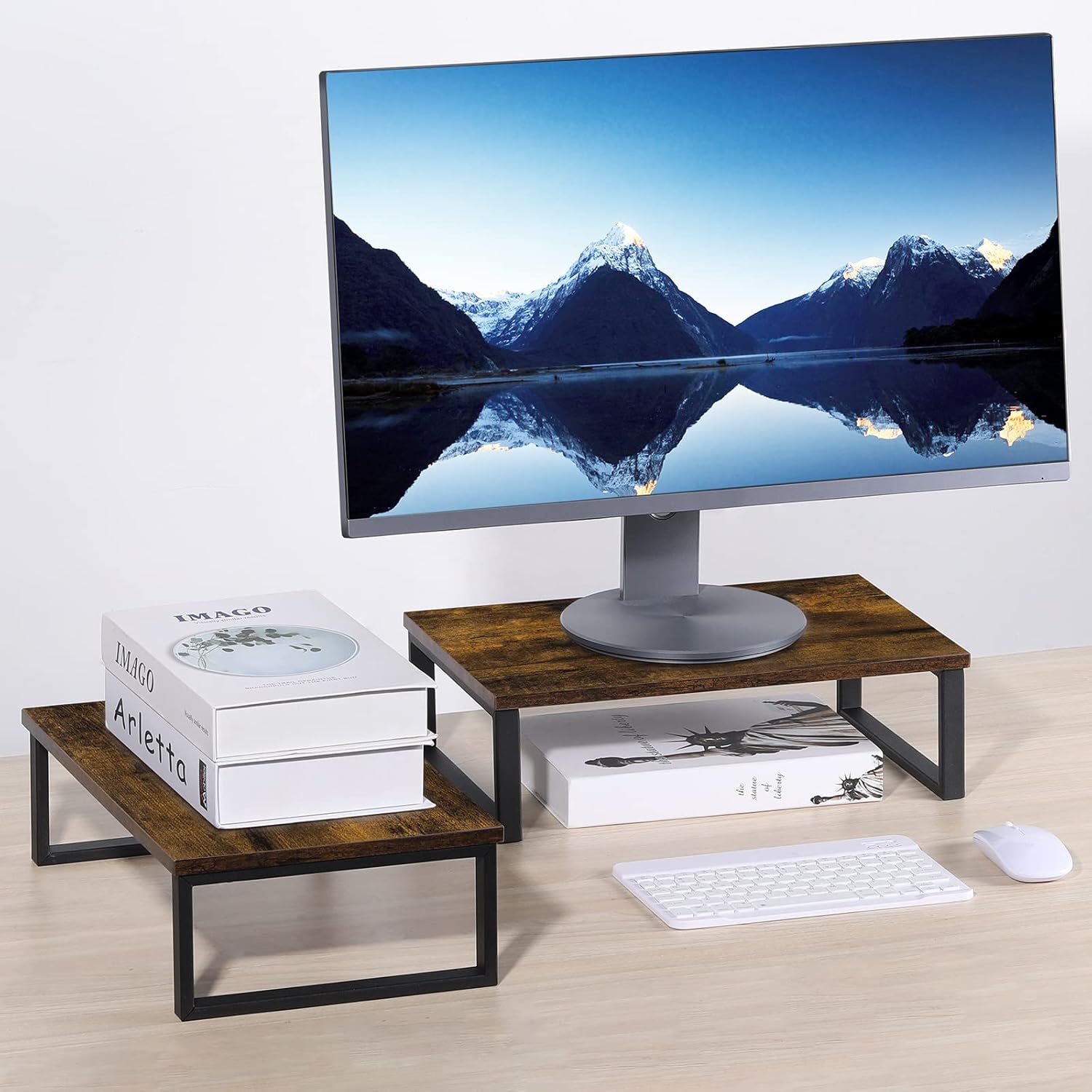 2 Pack Wood Vintage Monitor Stand Riser - Ergonomic Desktop Storage Organizer for PC, Laptop, Printer, Brown