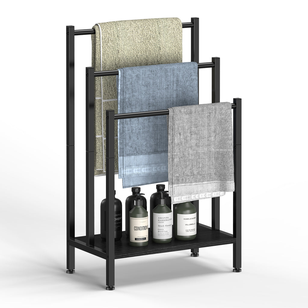 Freestanding Towel Rack (3 Tier) - Metal Blanket Holder Stand for Bathroom Floor with Wooden Storage Shelf, Black