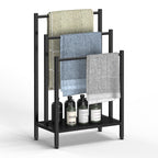 Freestanding Towel Rack (3 Tier) - Metal Blanket Holder Stand for Bathroom Floor with Wooden Storage Shelf, Black