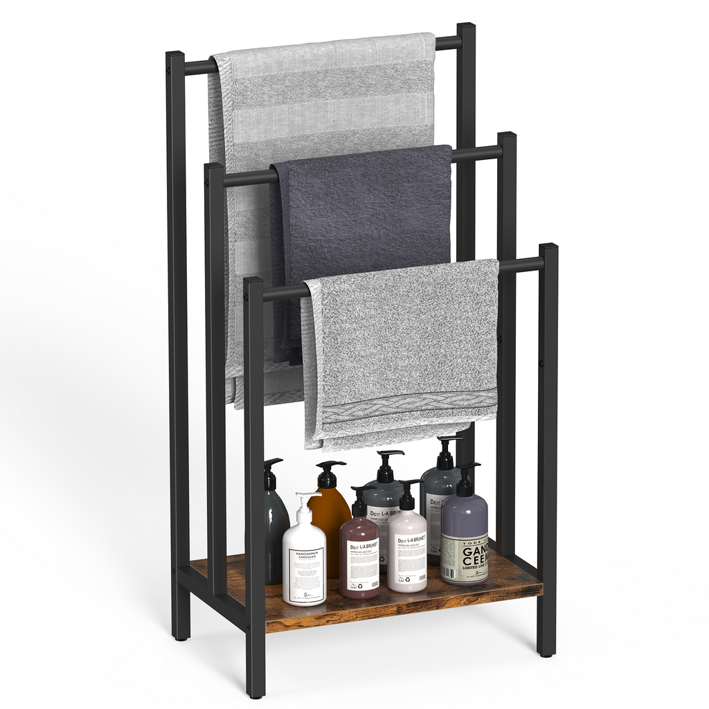 Freestanding Towel Rack (3 Tier) - Metal Blanket Holder Stand for Bathroom Floor with Wooden Storage Shelf, Black