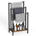 Freestanding Towel Rack (3 Tier) - Metal Blanket Holder Stand for Bathroom Floor with Wooden Storage Shelf, Black