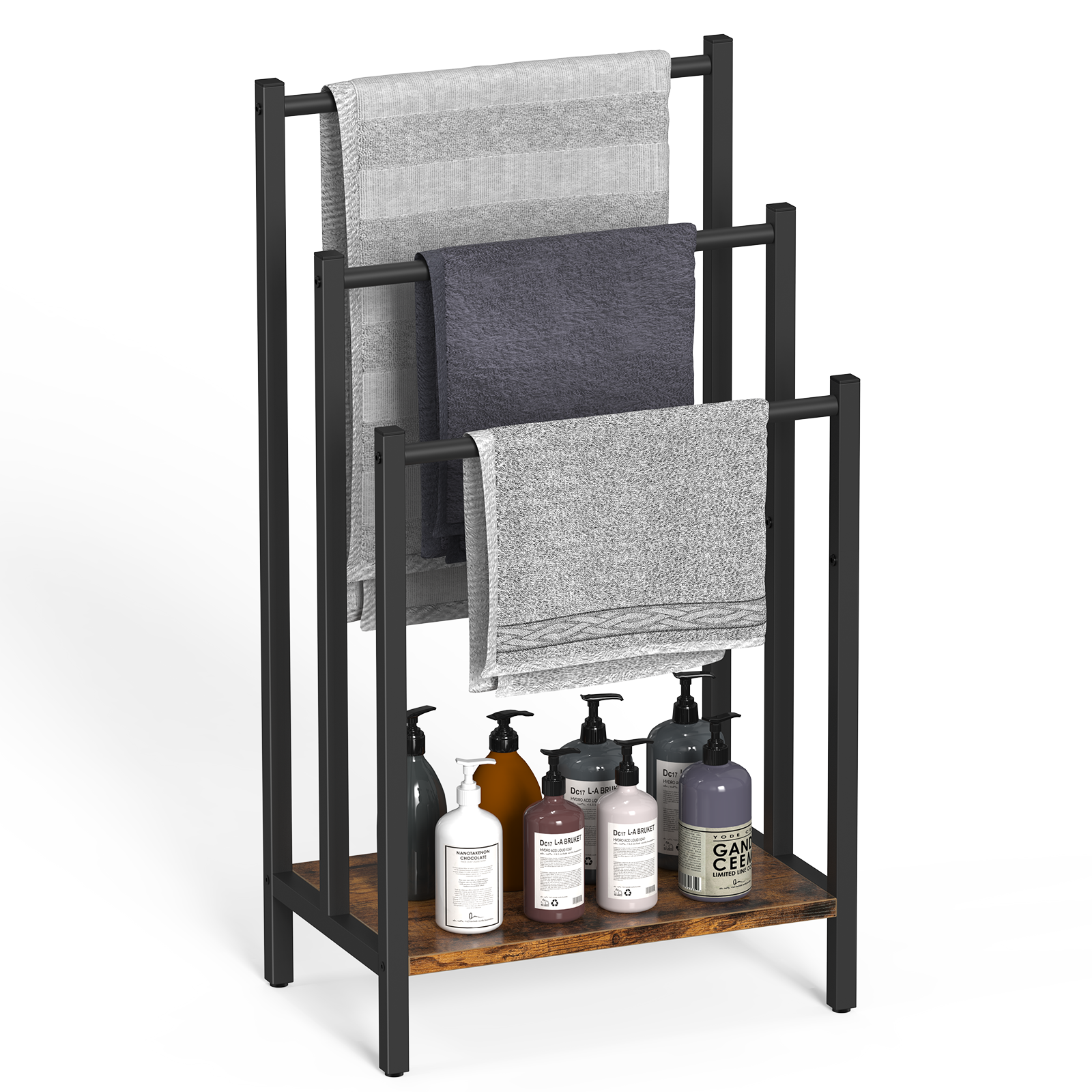 Freestanding Towel Rack (3 Tier) - Metal Blanket Holder Stand for Bathroom Floor with Wooden Storage Shelf, Black