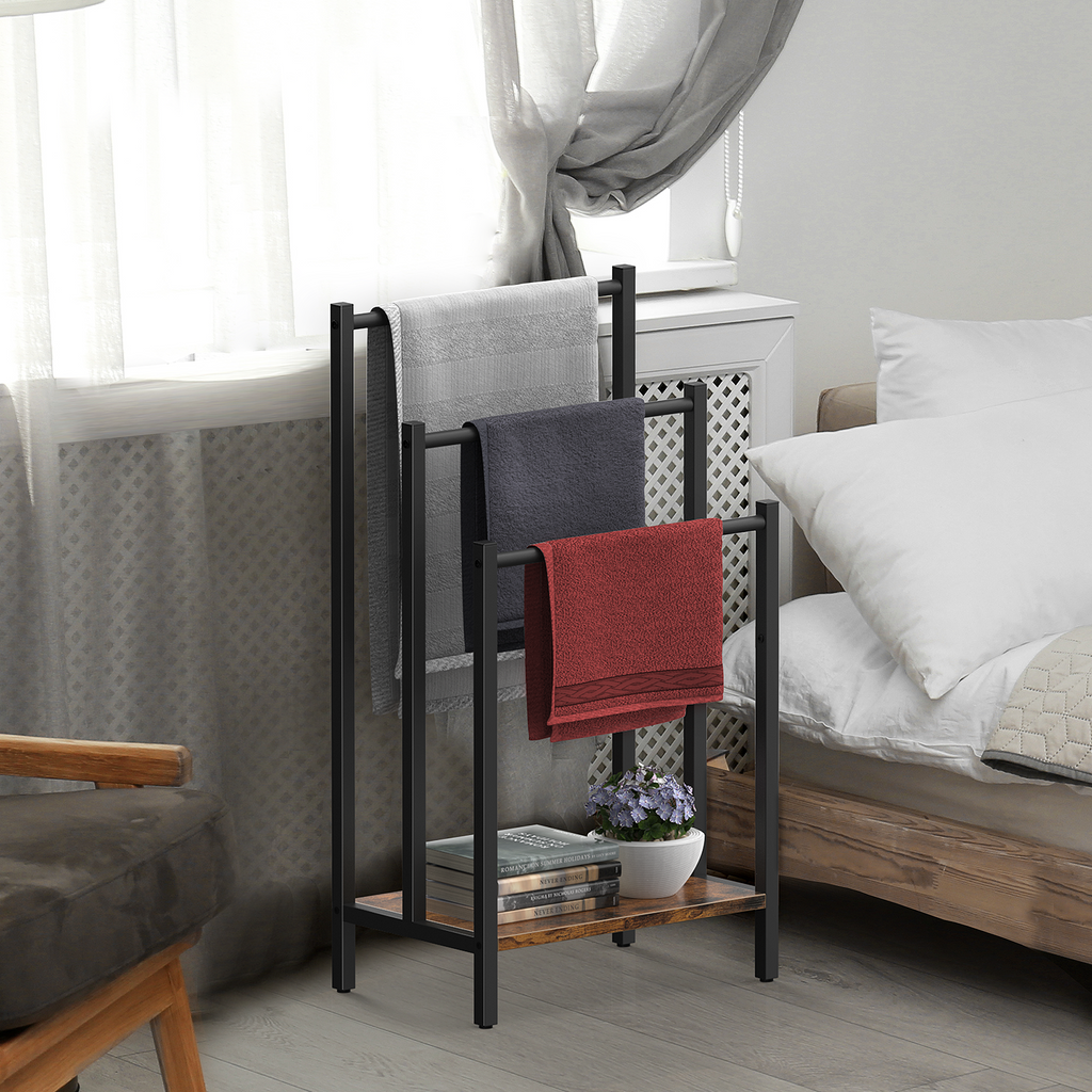 Freestanding Towel Rack (3 Tier) - Metal Blanket Holder Stand for Bathroom Floor with Wooden Storage Shelf, Black