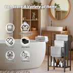 Freestanding Towel Rack (3 Tier) - Metal Blanket Holder Stand for Bathroom Floor with Wooden Storage Shelf, Black